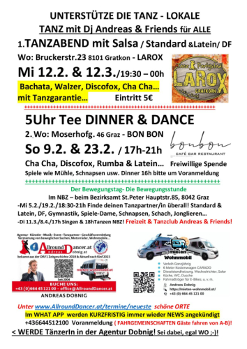 Larox Mi 12.2. u. 12.3. Tanzabend mit Salsa und CAFE  Restaurant BON BON 5Uhr Tee am So 9.2. u.23.2. /17h Graz Info 06644512100